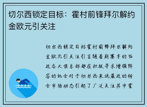 切尔西锁定目标：霍村前锋拜尔解约金欧元引关注