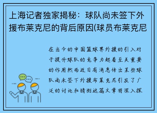 上海记者独家揭秘：球队尚未签下外援布莱克尼的背后原因(球员布莱克尼)