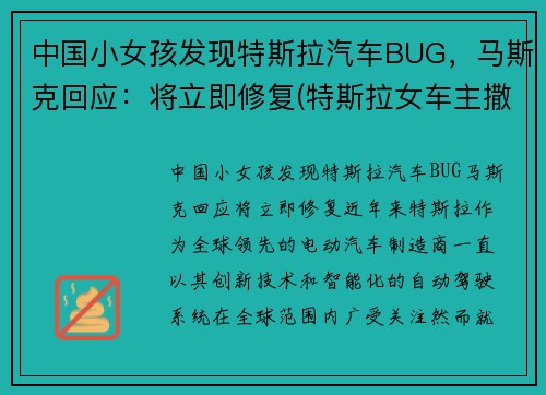 中国小女孩发现特斯拉汽车BUG，马斯克回应：将立即修复(特斯拉女车主撒了多少谎)